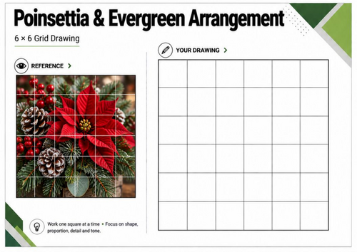 Poinsettia & Evergreen Grid Drawing Worksheet | Christmas Still Life Art | KS3 KS4