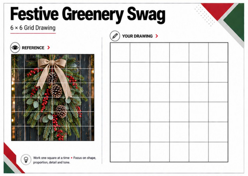 Christmas Greenery Swag Grid Drawing Worksheet | Festive Art Activity | KS3 KS4