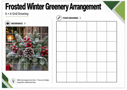 Frosted Christmas Greenery Grid Drawing Worksheet | Winter Art | KS3 KS4