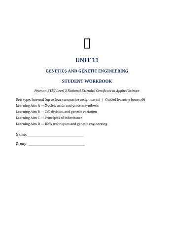 BTEC Level 3 Applied Science – Unit 11: Genetics and Genetic Engineering | 50-Page Workbook