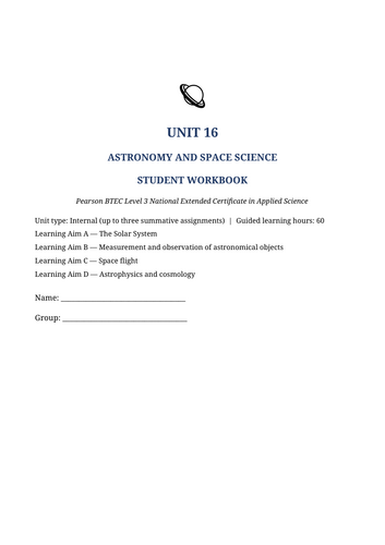 BTEC Level 3 Applied Science – Unit 16: Astronomy and Space Science | 48-Page Editable Workbook
