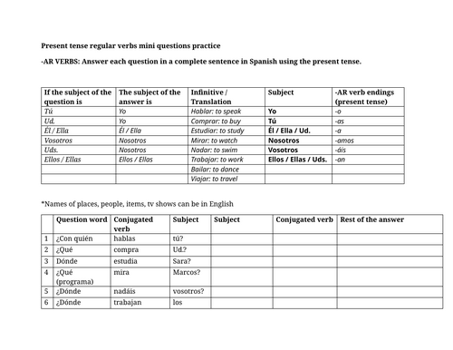 Present tense regular verbs mini questions practice
