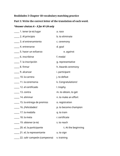 Realidades 3 Chapter 1B vocabulary matching practice