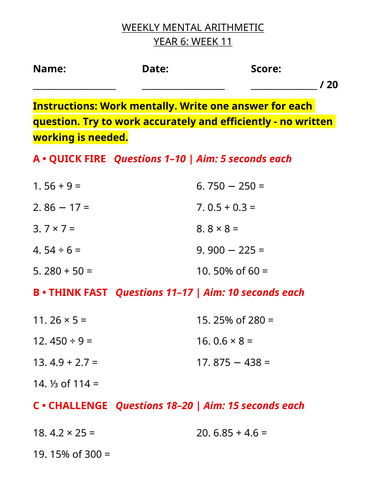 Year 6 Weekly Mental Maths - Mental Arithmetic Worksheet | Week 12