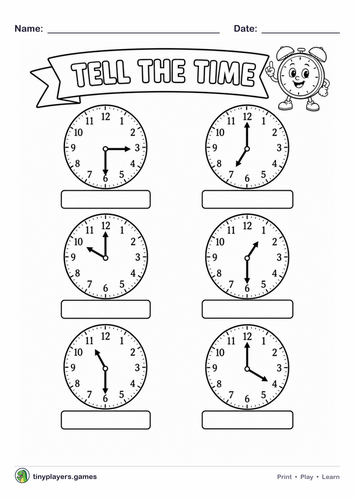 Tell the Time Worksheet: O'Clock and Half Past (Ages 6-8)