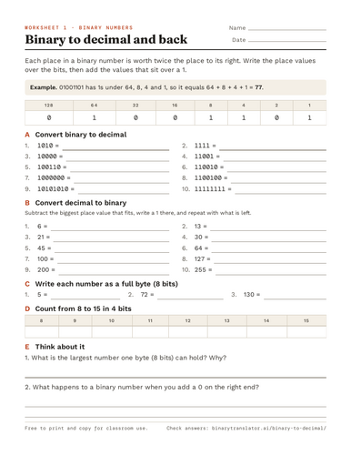 Binary, ASCII and hex worksheets with answers