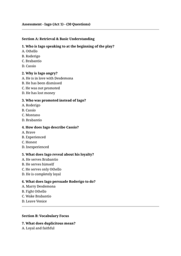 Othello 30 multiple choice question (character question on Iago and Othello and mark scheme provided