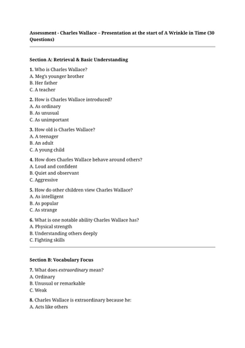A Wrinkle in Time x2 multiple choices questionnaire with mark scheme