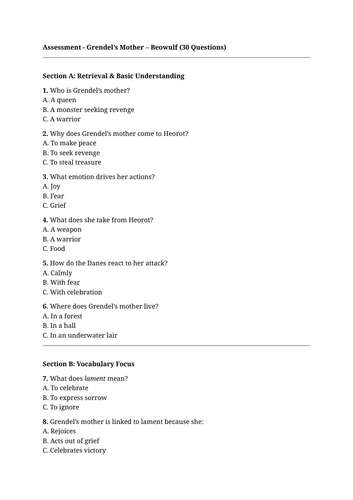 Beowulf 30 multiple choice questions with mark scheme for a Year 7 class