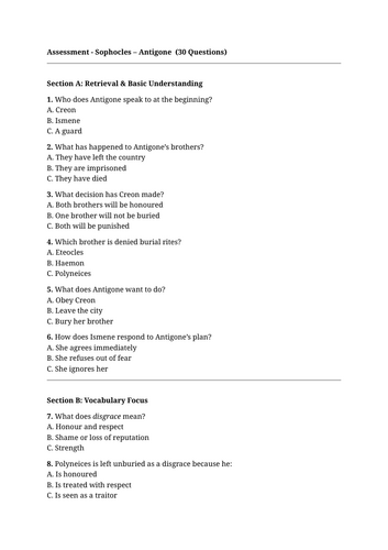 Antigone  multiple choice questions with mark schemes