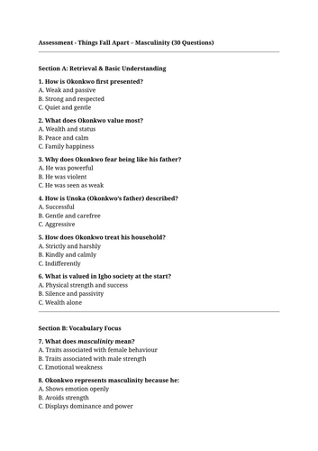 Things Fall Apart x2 multiple choice questions with mark schemes