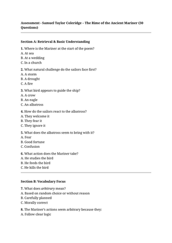 Rime of the Ancient Mariner multiple choice questions with mark scheme