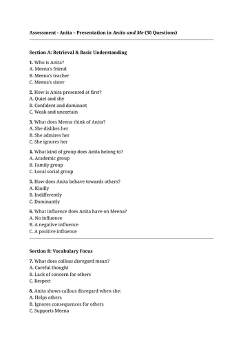 Anita and Me x2 multiple choice questions with mark schemes