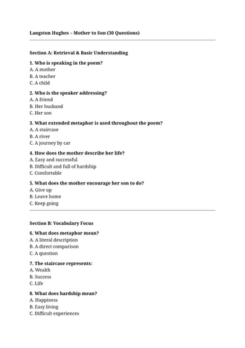 Mother to Son Poem multiple choice questions with mark scheme