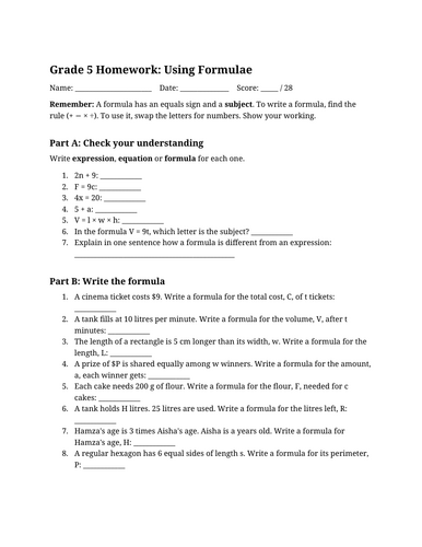 Expression and Formulae for  KS2 (Years 5-6) or KS3 (Year 7)