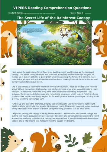KS2 Reading Comprehension Pack | The Secret Life of the Rainforest Canopy (VIPERS Framework)