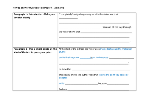 Q4 AQA Paper 1, writing frame