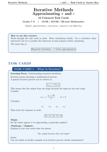 Iterative Methods Approximating π and e 10 Coloured Task Cards Grades 7–9 | GCSE / IGCSE / IB-style