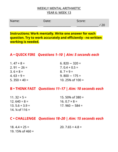 Year 6 Weekly Mental Maths - Mental Arithmetic Worksheet | Week 13