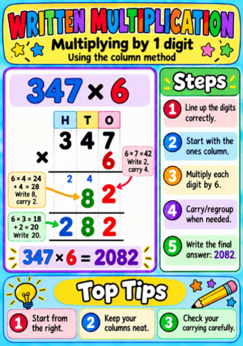 Written Multiplication by 1 Digit Poster Column Method KS2 Maths