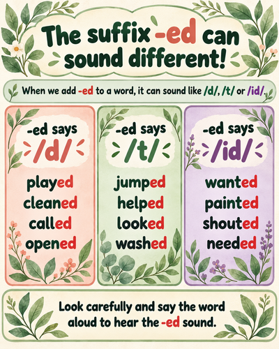 The suffix -ed can sound different! | Year 1 Phonics & Grammar Poster | FREE