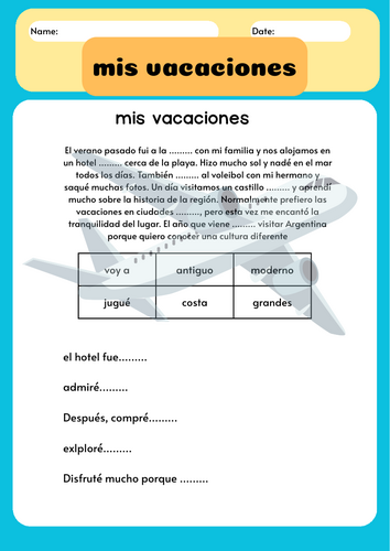 Y8Sp las vacaciones revision worksheet