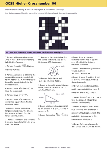 GCSE Higher Maths Crossword Revision Starter 6