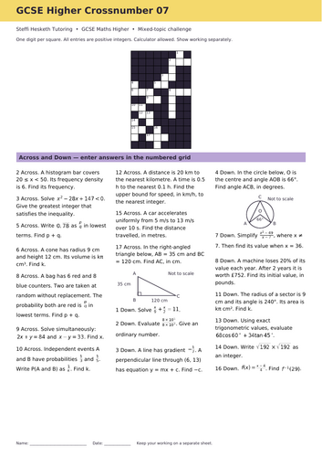 GCSE Higher Maths Crossword Revision Starter 7