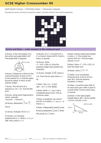 GCSE Higher Maths Crossword Revision Starter 9