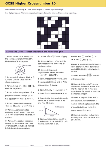 GCSE Higher Maths Crossword Revision Starter 10
