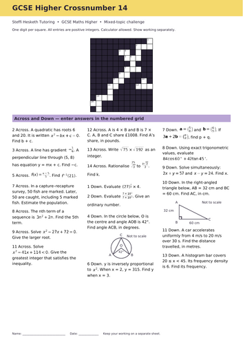 GCSE Higher Maths Crossword Revision Starter 14