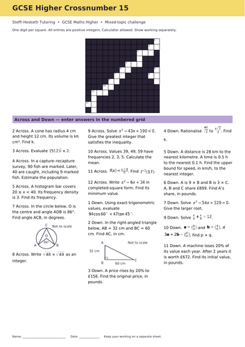 GCSE Higher Maths Crossword Revision Starter 15