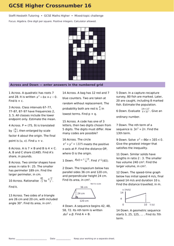 GCSE Higher Maths Crossword Revision Starter 16