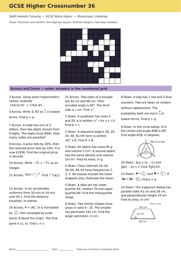 GCSE Higher Maths Crossword Revision Starter 36