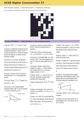 GCSE Higher Maths Crossword Revision Starter 37