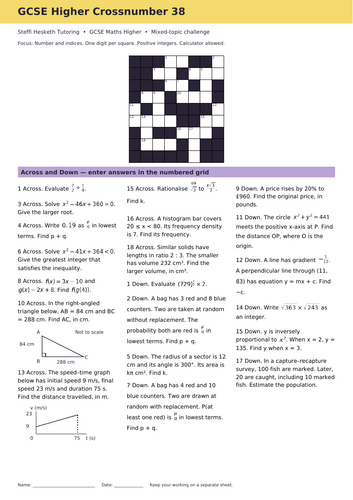 GCSE Higher Maths Crossword Revision Starter 38