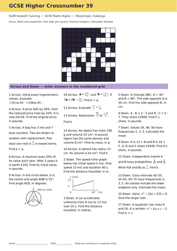 GCSE Higher Maths Crossword Revision Starter 39