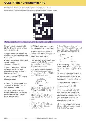 GCSE Higher Maths Crossword Revision Starter 40