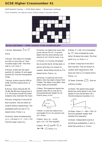 GCSE Higher Maths Crossword Revision Starter 41