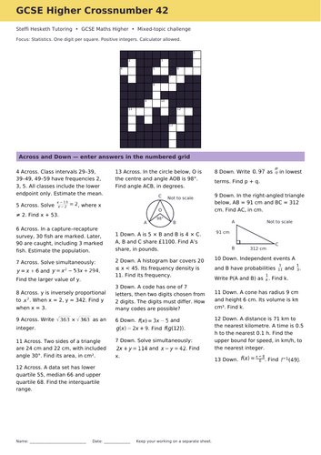 GCSE Higher Maths Crossword Revision Starter 42