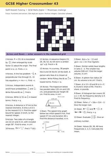 GCSE Higher Maths Crossword Revision Starter 43
