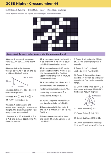 GCSE Higher Maths Crossword Revision Starter 44