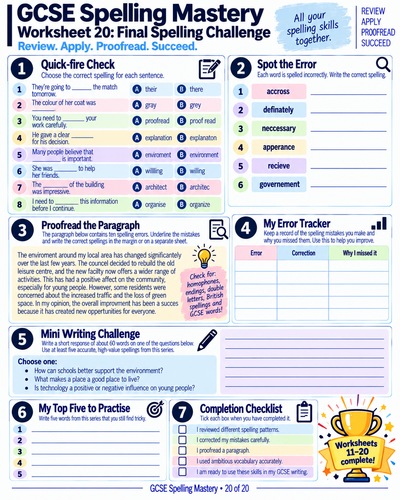 GCSE English Spelling Mastery | 20-Worksheet Intervention Pack | SPaG, Vocabulary & Proofreading