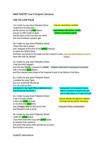 "THE YELLOW PALM" a yrar 9 poetry analysis for English Literature