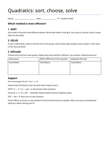 Solving Quadratic Equations: Sorting Activity – Factorising, Difference of Two Squares & Quadratic F