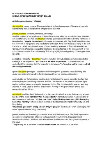 AN INSPECTOR CALLS: revision notes on Sheila Birling