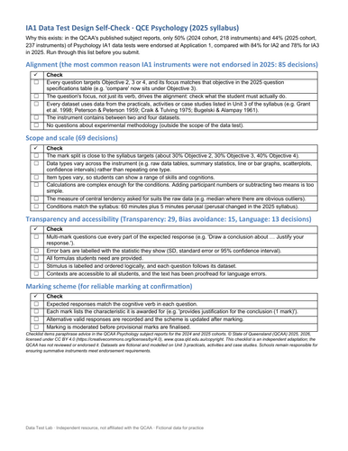QCE Psychology IA1 Data Test Checklist