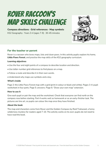 Rover Raccoon's Map Skills Challenge: Compass Directions & Grid References (KS2)