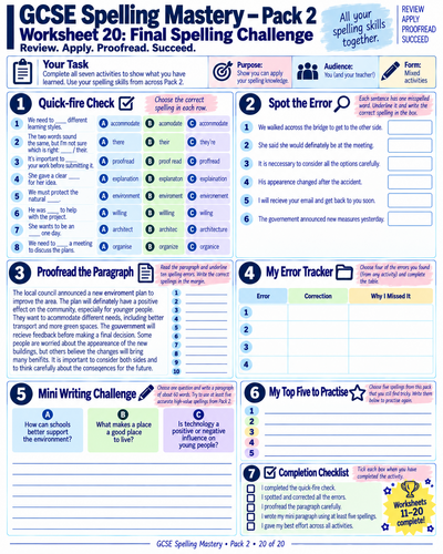 GCSE Spelling Mastery Pack 2 | 20 Spelling Worksheets | Proofreading, Homophones & Writing Practice