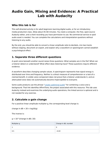 Audio Gain and Mixing: An Audacity Lab